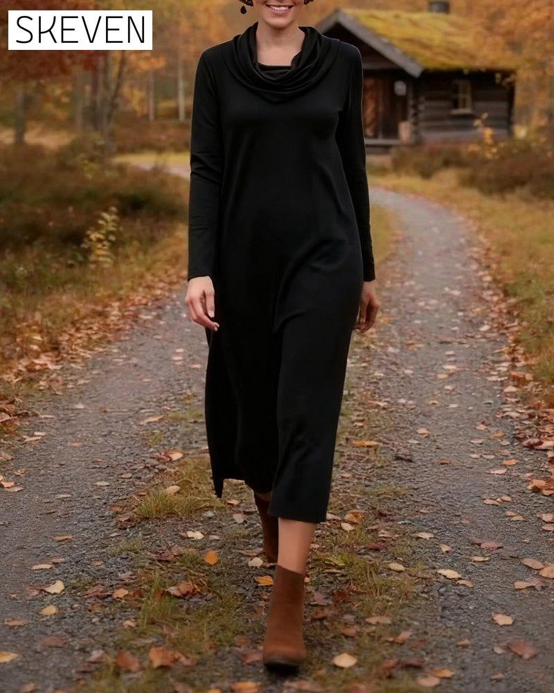 Lässiges, schlichtes, einfarbiges Kleid mit Tasche
