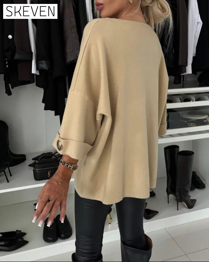 Fashion solid color round neck button pullover
