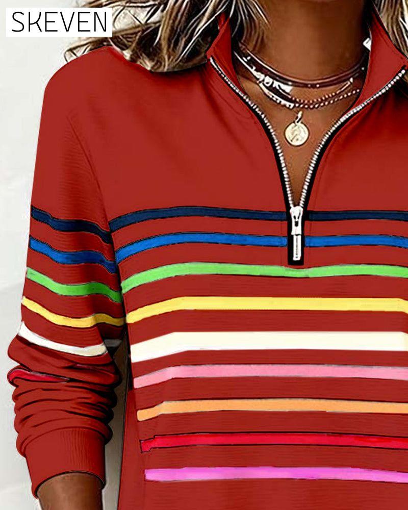 Modisches Sweatshirt mit Regenbogenstreifen und halbem Reißverschlusskragen