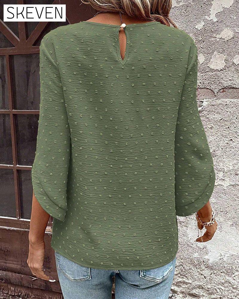 Chiffon-Jacquard-Bluse mit Rundhalsausschnitt, einfarbig