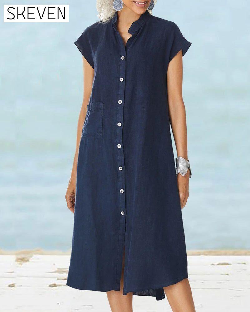 Stand collar single breasted pocket dress Blue 23BF Casual Dresses Clothes Dresses Summer