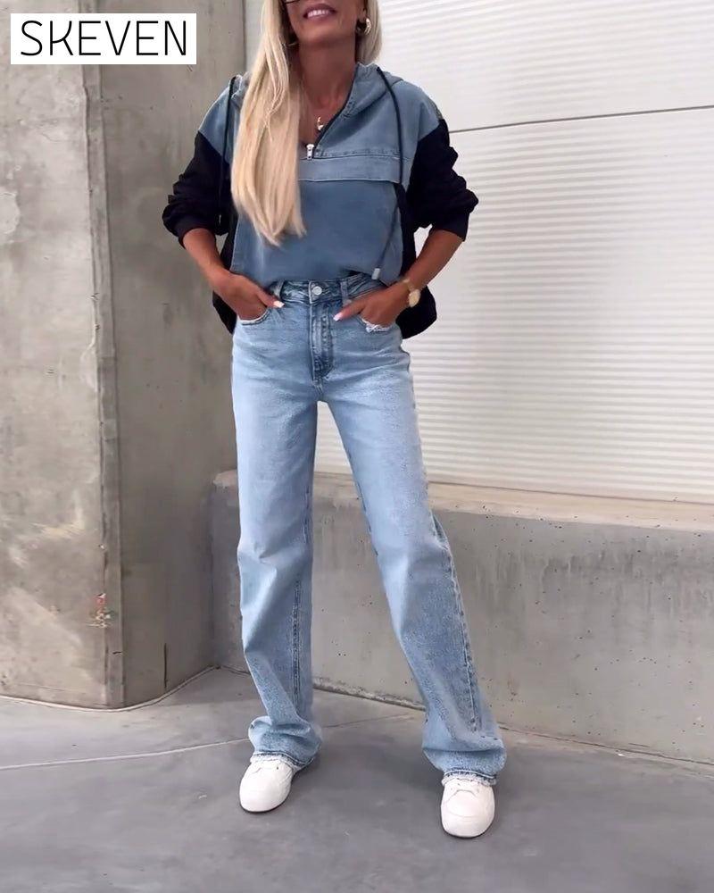 Casual denim patchwork zipper hoodie