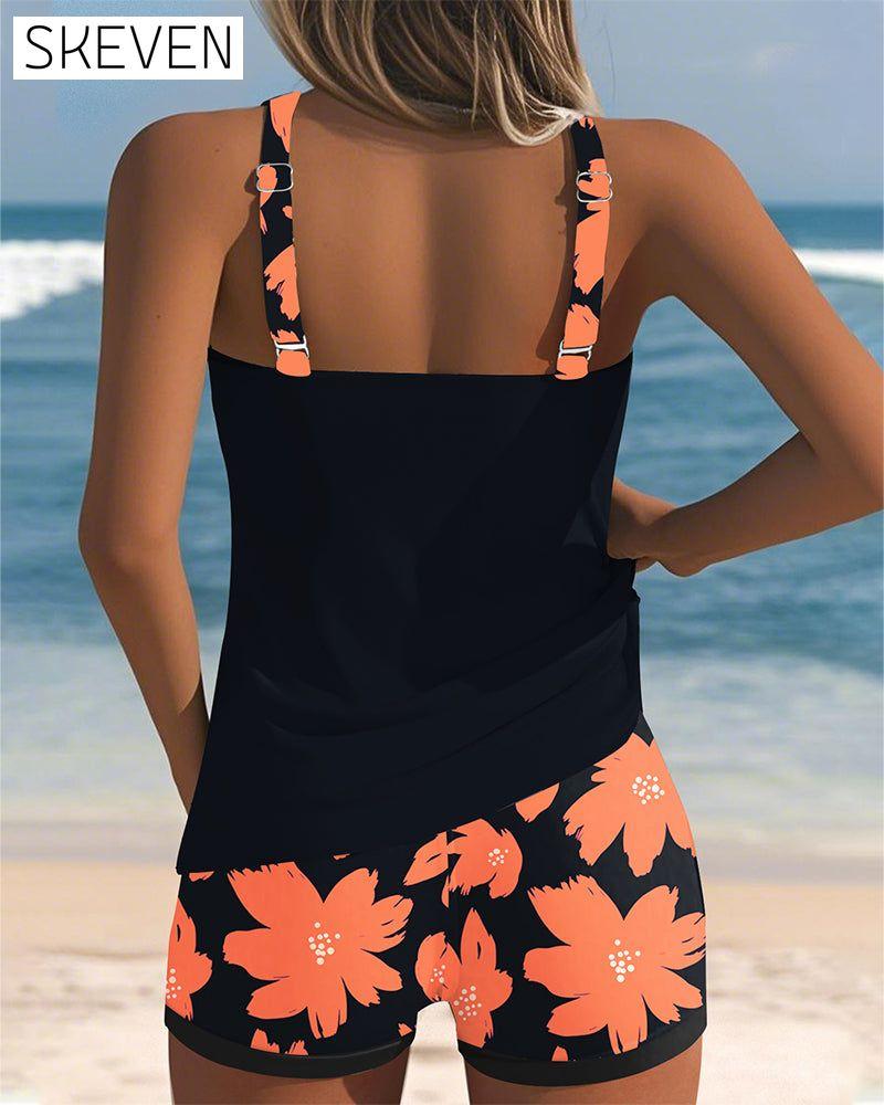 U-Neck Sleeveless Printed Boxer Tankini