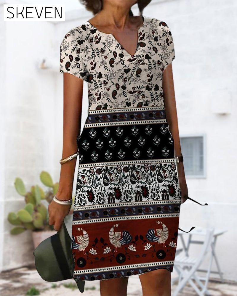Color block print v-neck dress
