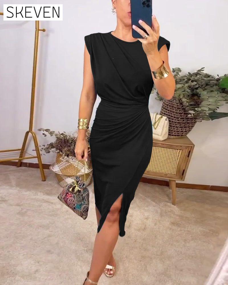 Robe plissée sans manches à fente, couleur unie