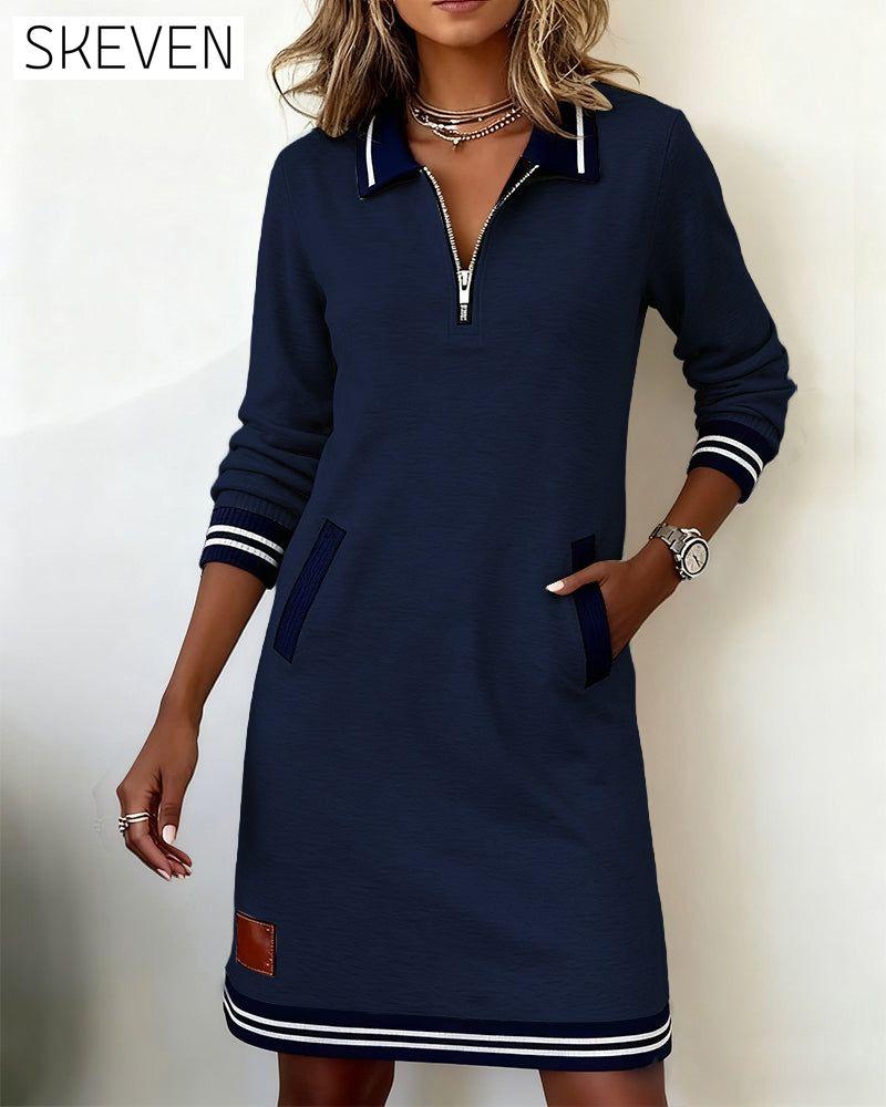 Zipper Lapel Long Sleeve Dress