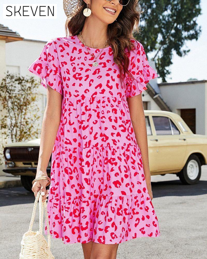 Short Sleeve Dress in Floral and Leopard Print Casual Dresses Clothes Dresses SALE Summer