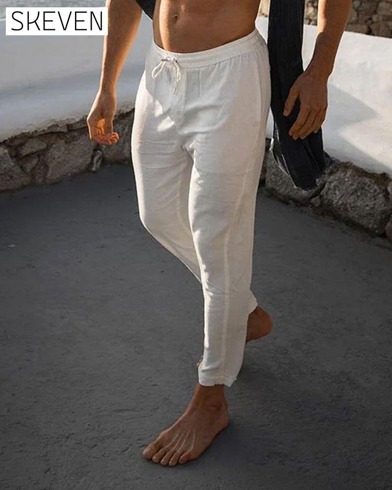 Pantalon en coton et lin respirant, couleur unie