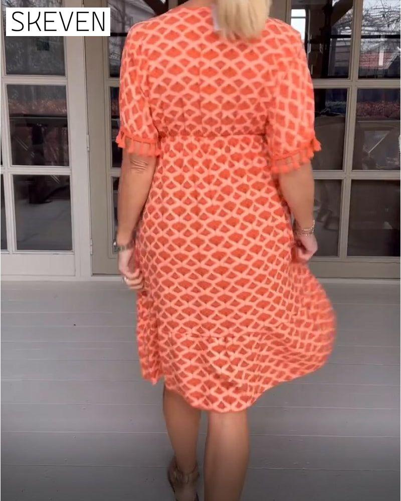 Printed v-neck fringed dress
