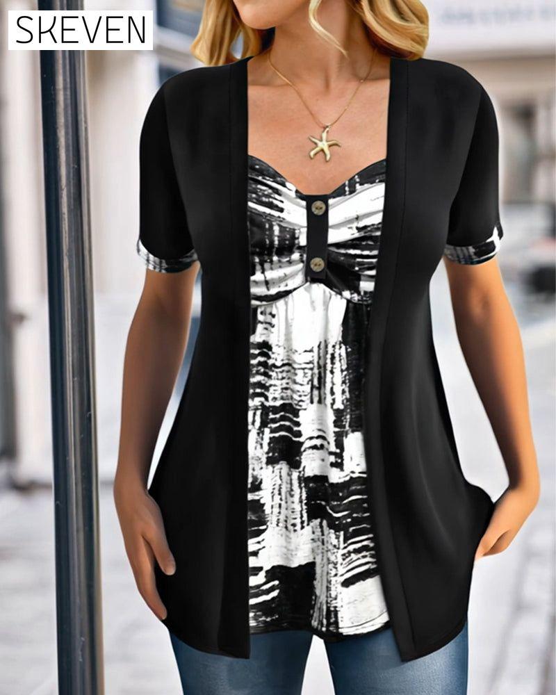 Printed Fake Two Piece Irregular Blouse