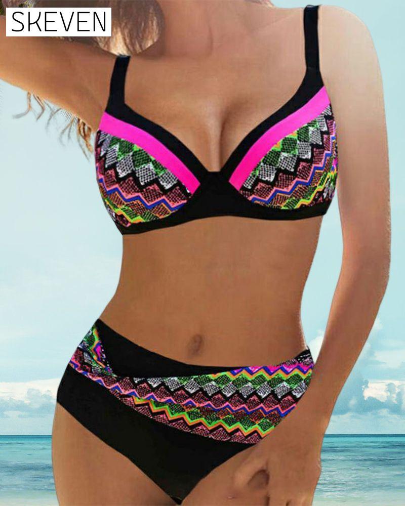 Hög Midja Push-up-Bikinis mit Streifendruck