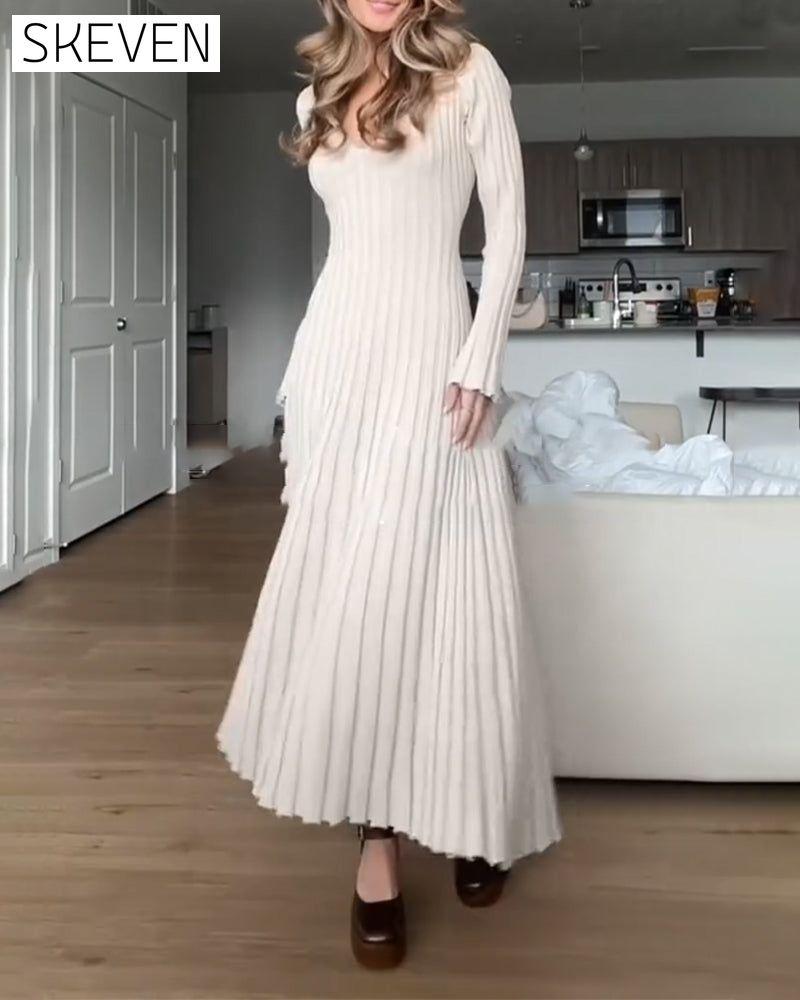 robe côtelée unie à col V