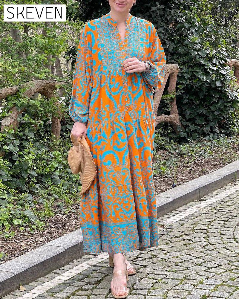 Hochwertiges bedrucktes, lässiges langes Kleid