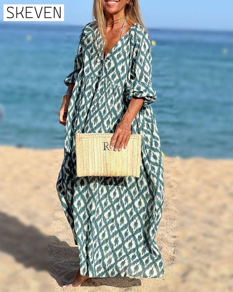 Square print v-neck dress Casual Dresses Clothes Dresses SALE Spring Summer