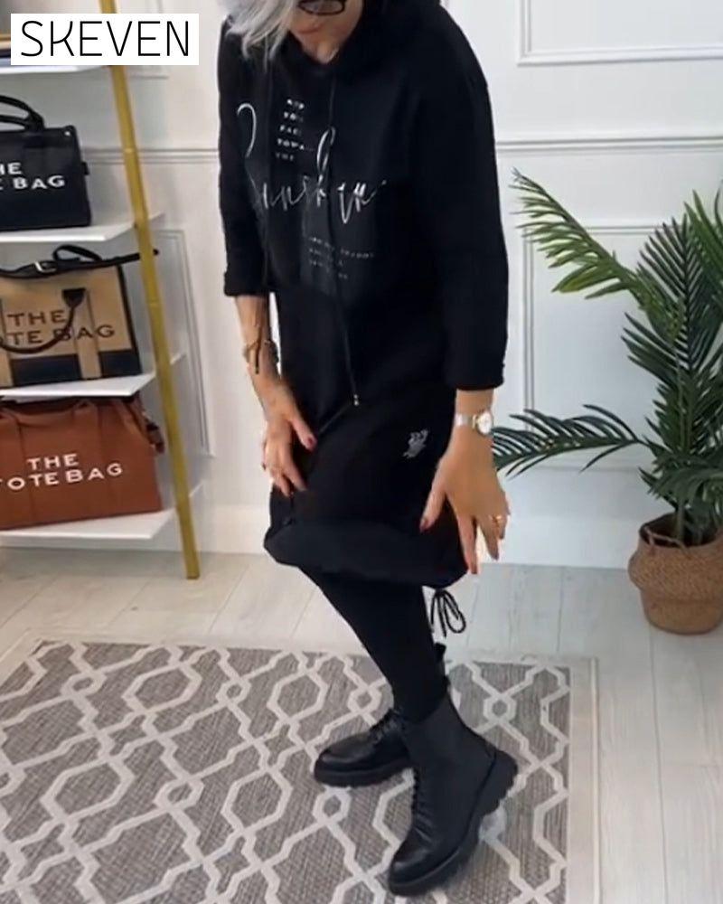 Casual color block letter print pocket hooded dress