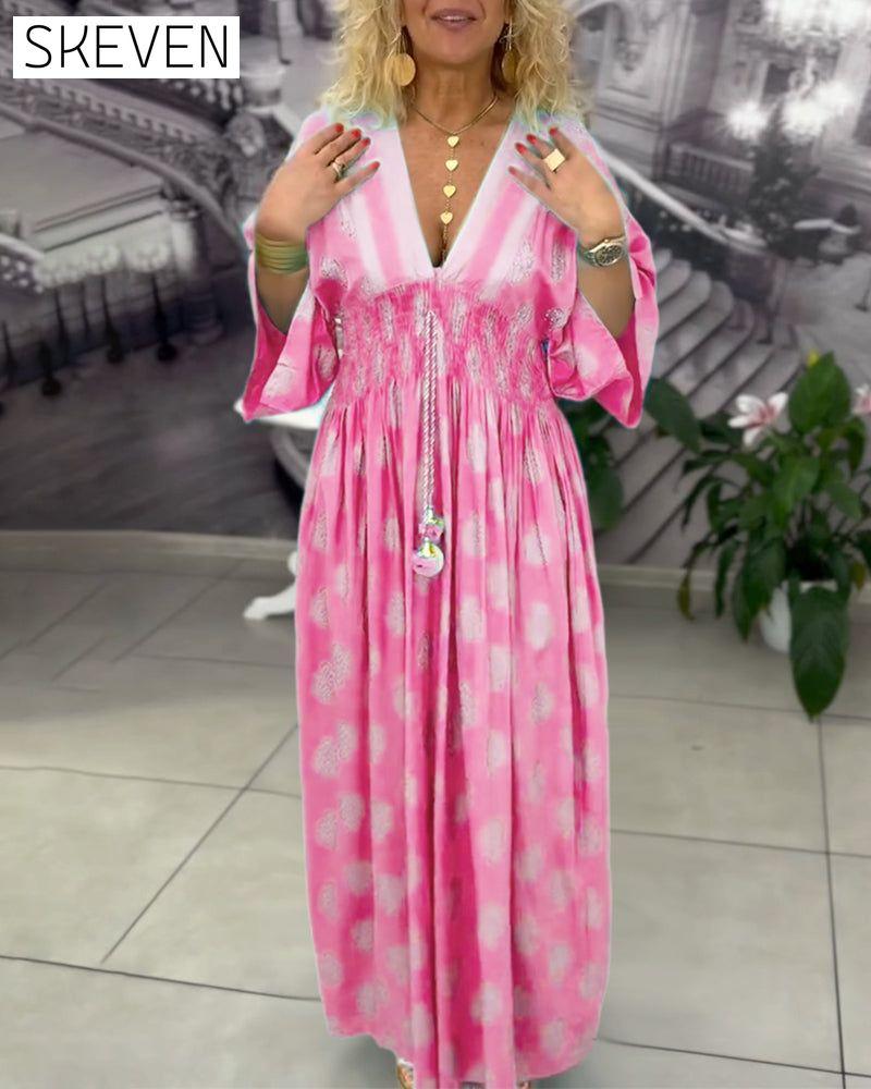 Loose Holiday Print Waist Maxi Dress