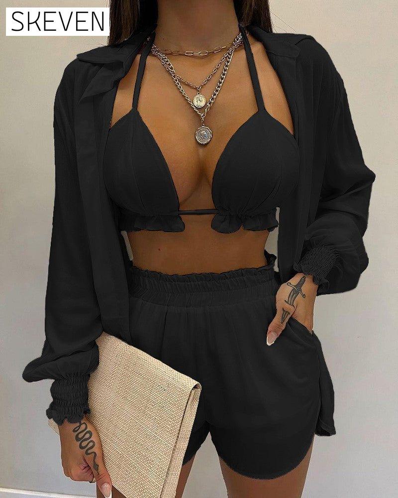 Balloon sleeve shirt bikini three piece set