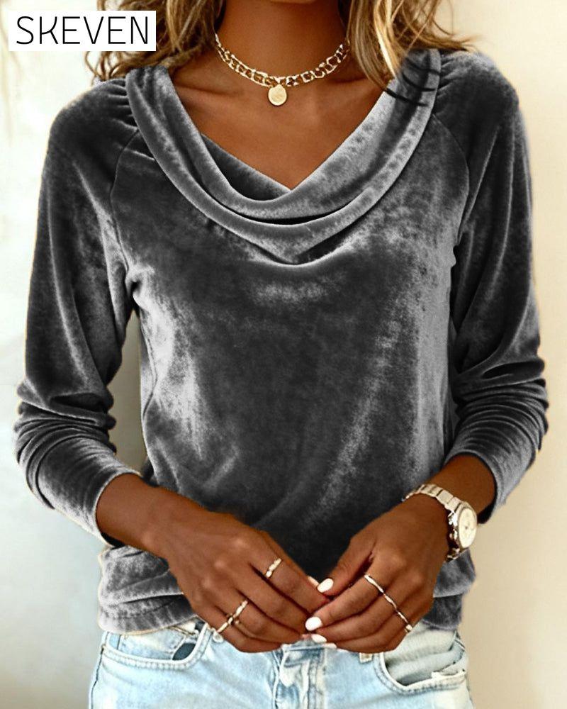 Velvet Solid Color Long-Sleeved Top