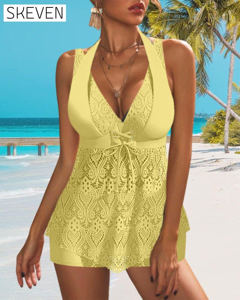 Stitched lace solid color tankini suit
