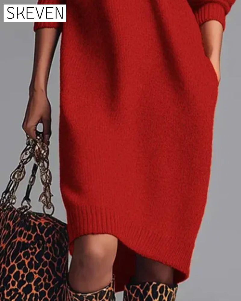 Solid Color Button High Neck Dress