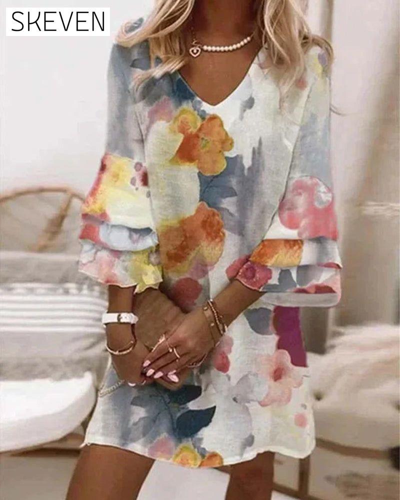 V-neck printed mini dress Gray 23BF Casual Dresses Clothes Dresses Spring Summer