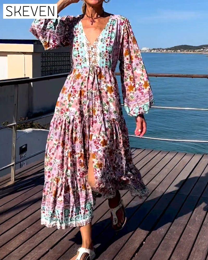 V-neck Floral Print Dress