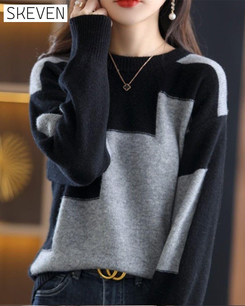Lässiger, langärmeliger Pullover in Kontrastfarbe