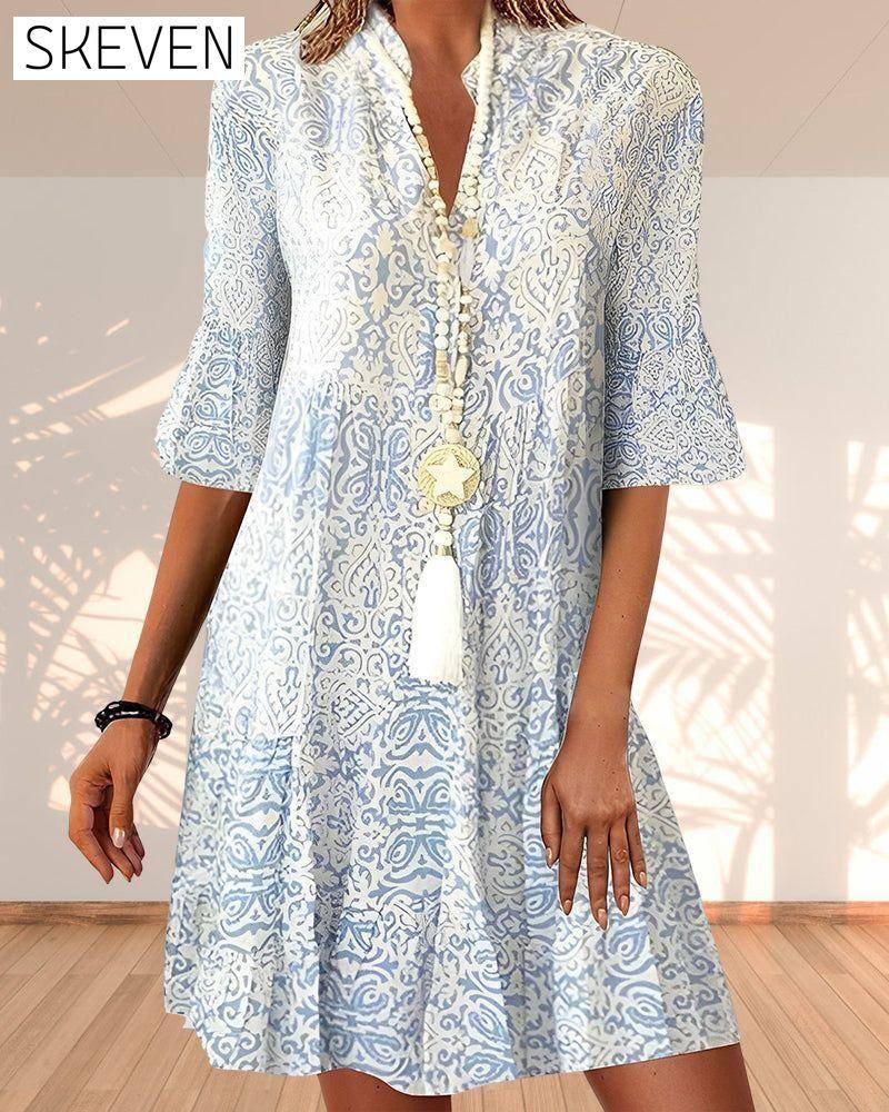 Printed half-sleeve elegant dress Blue 23BF Casual Dresses Clothes Dresses Spring Summer