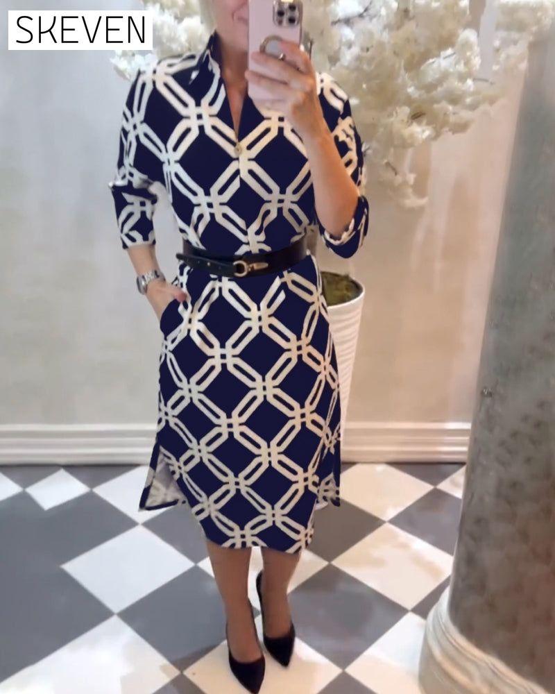 Geometric print side slit elegant dress