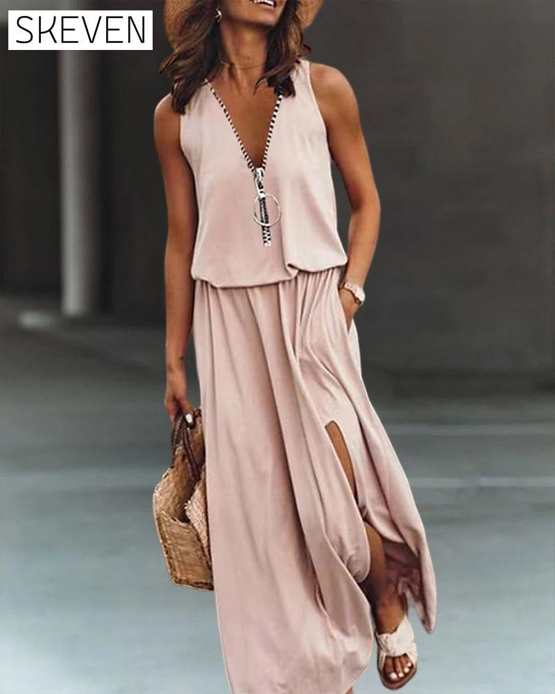 V Neck Zipper Dress