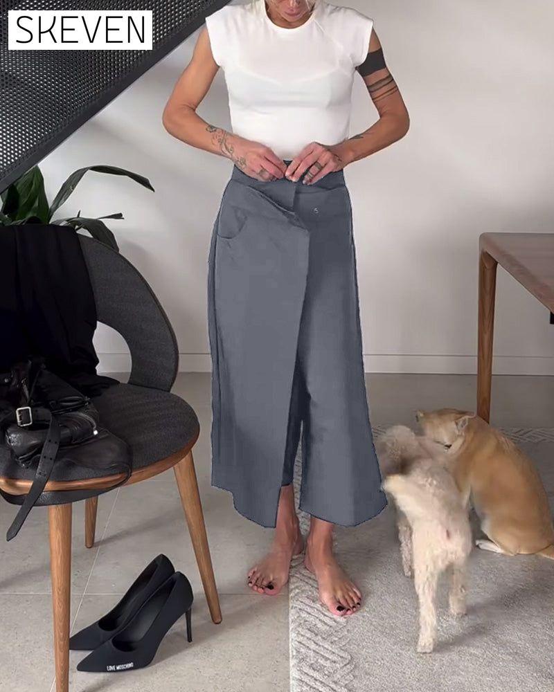 Simple solid color asymmetric casual pants