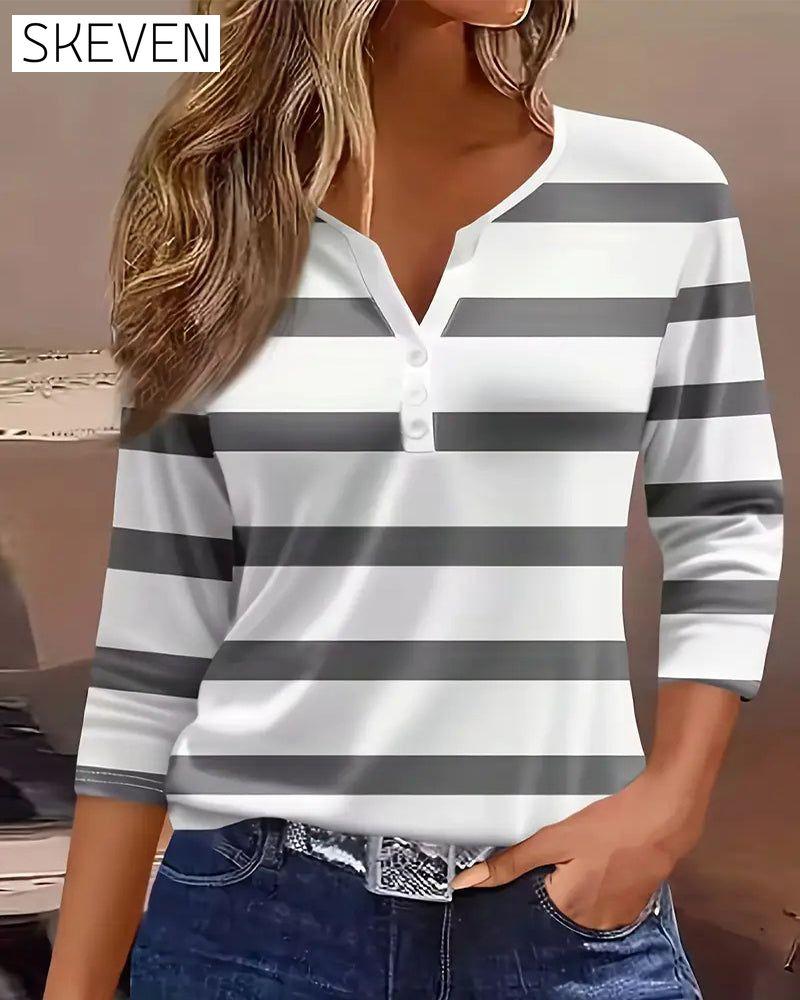 Long-Sleeved Versatile Striped Blouse