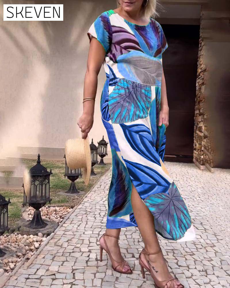 Leaf print short sleeve slit dress
