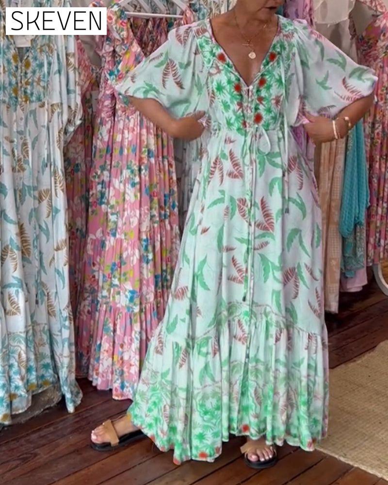 Maxikleid mit V-Ausschnitt und Blätterprint für Damen