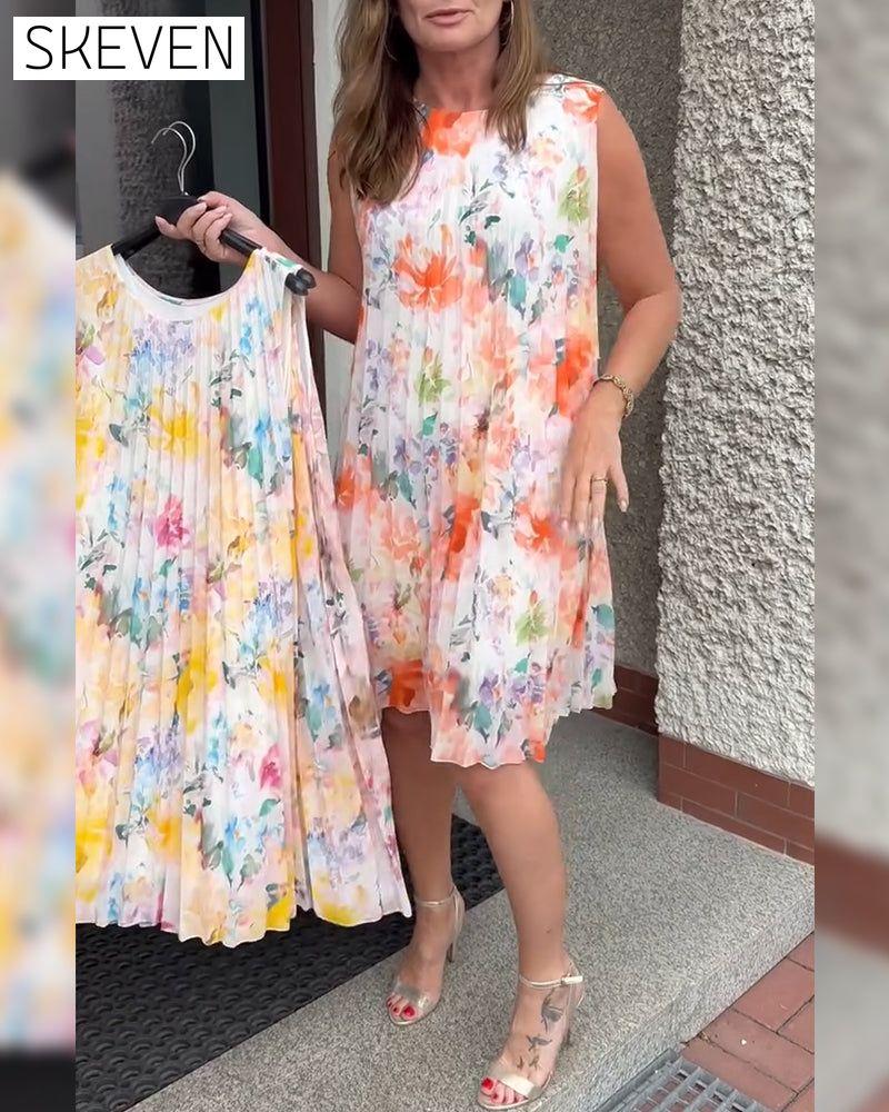 Sleeveless Pleated Floral Dress