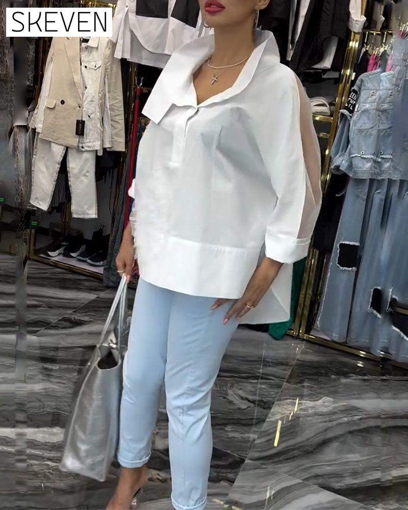 Lapel lace stitching flower blouse