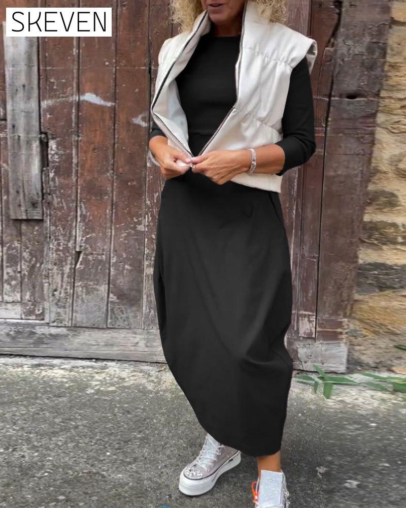 Simple solid color pocket long sleeve elegant dress