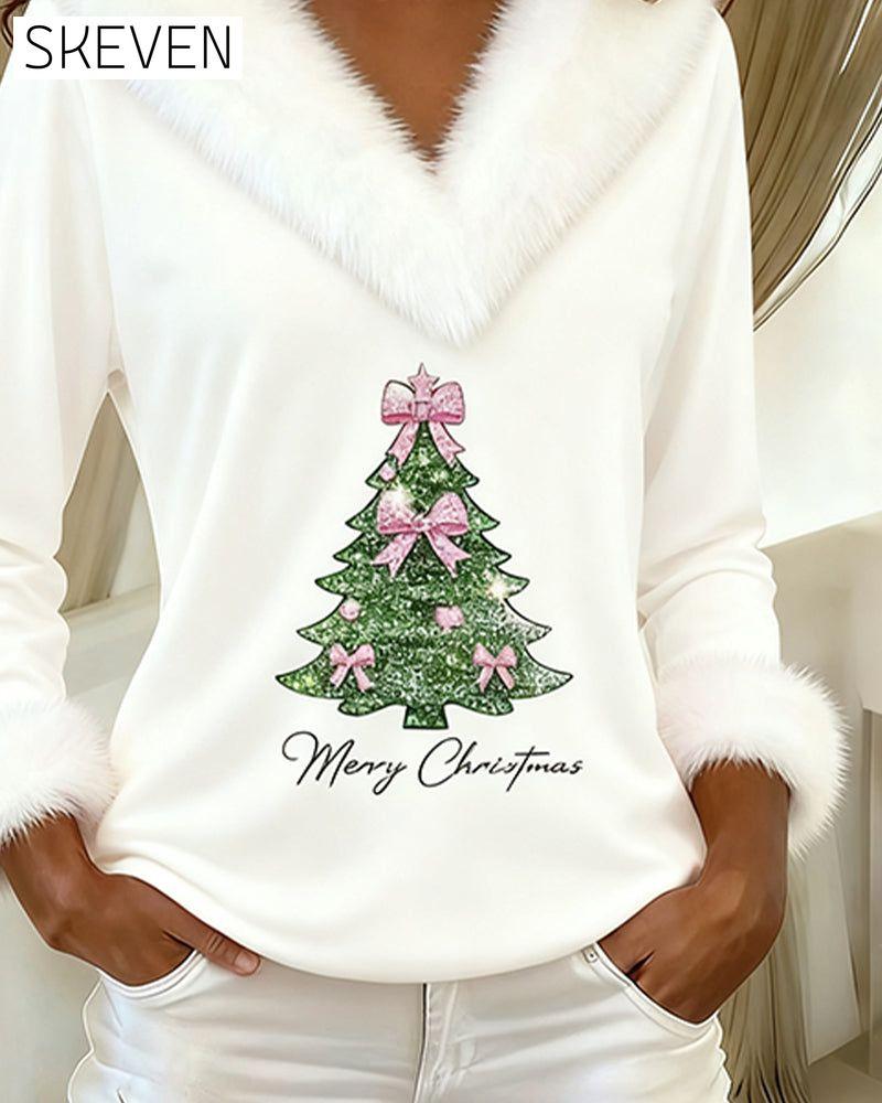 Large Fur Collar Christmas Print Top