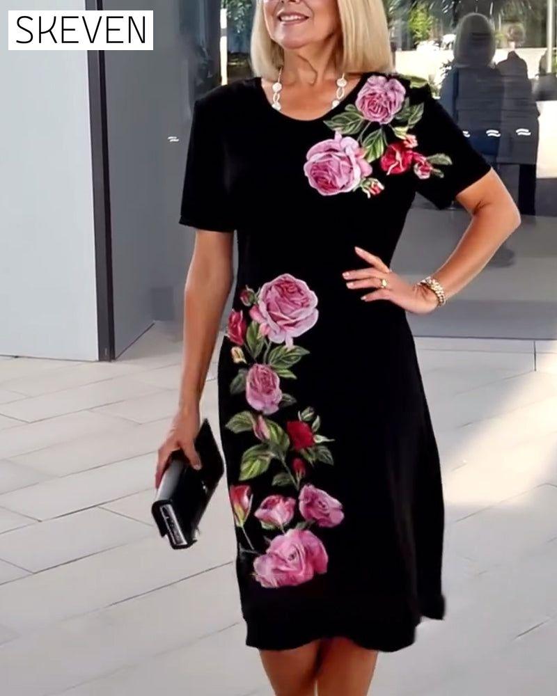 Short Sleeve Rose Print Shift Dress