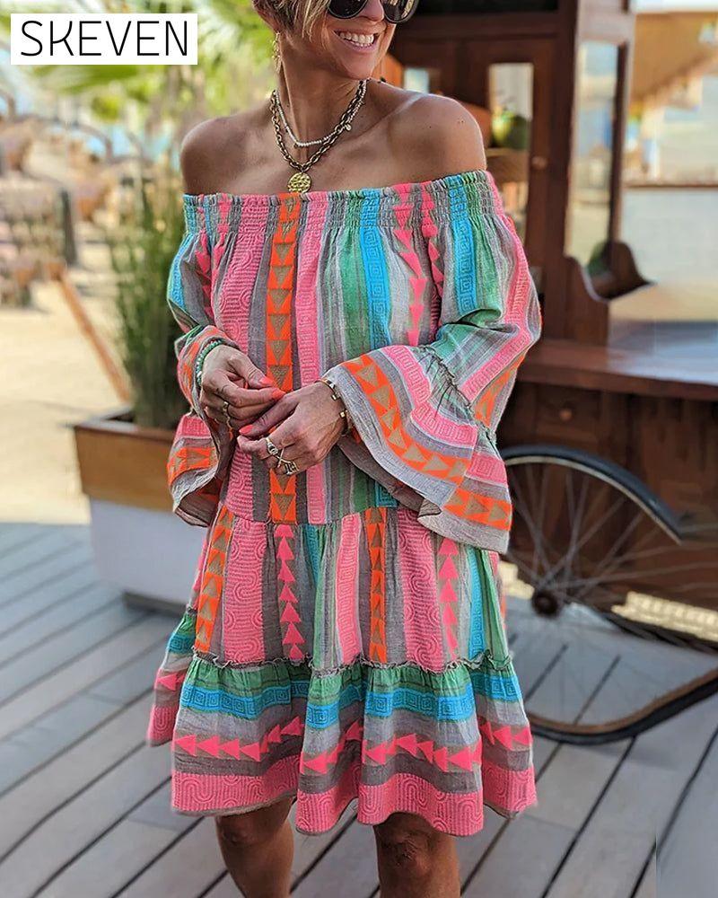 Bell Sleeve Boat neck Dress Pink 23BF Casual Dresses Clothes Dresses Spring Summer