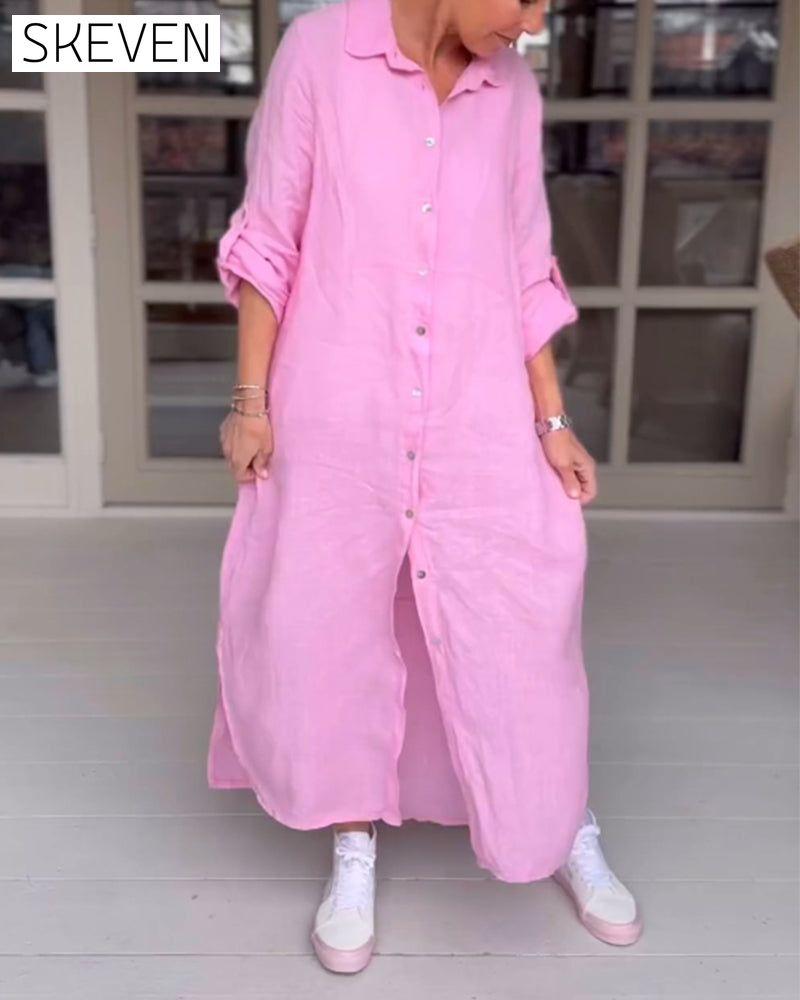 robe décontractée à revers boutonné couleur unie