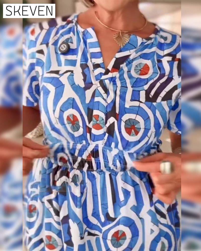 Bedrucktes Kurzarmkleid mit Taillenbund