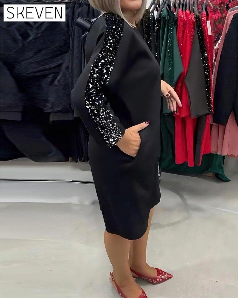 Paillettenbesetztes Sweatshirtkleid mit V-Ausschnitt