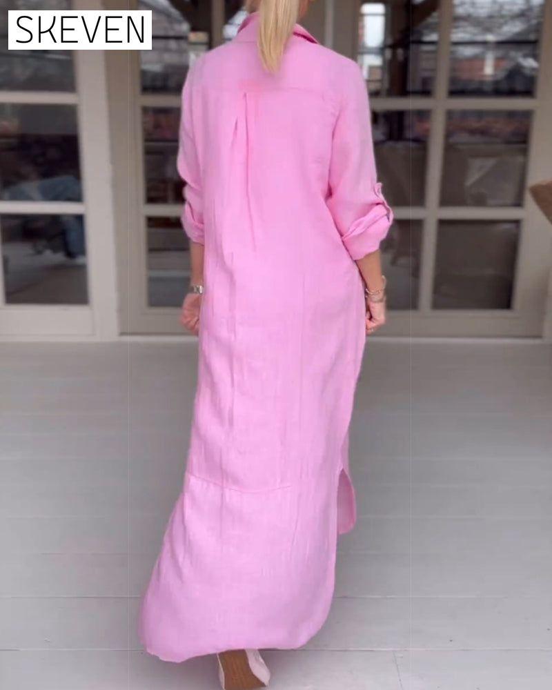 robe décontractée à revers boutonné couleur unie