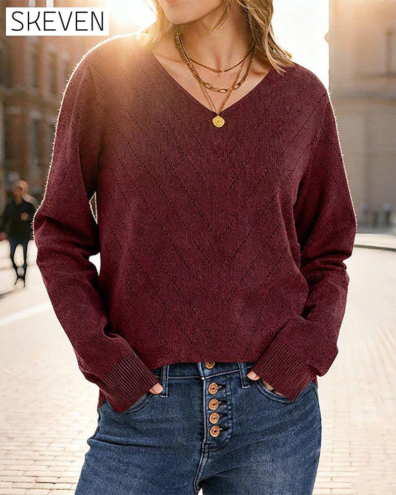 🔥Hot Sale Deals-V-Neck Pointelle Knit Pullover Sweat