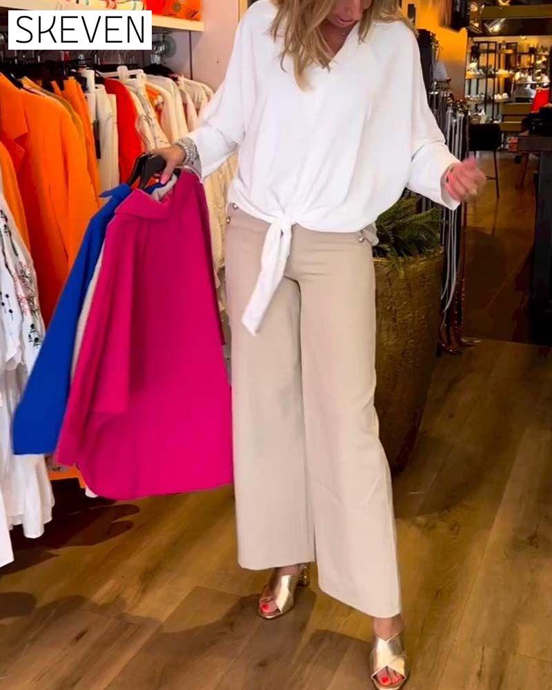 Tie Solid Color V-Neck Blouse