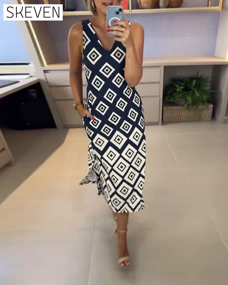 Robe sans manches à col en V et imprimé losanges