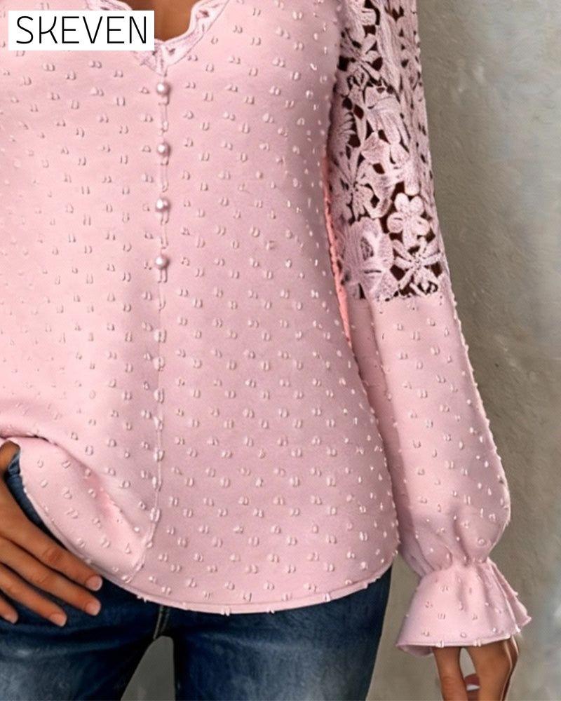 Solid Color 3D Crochet V-neck Blouse