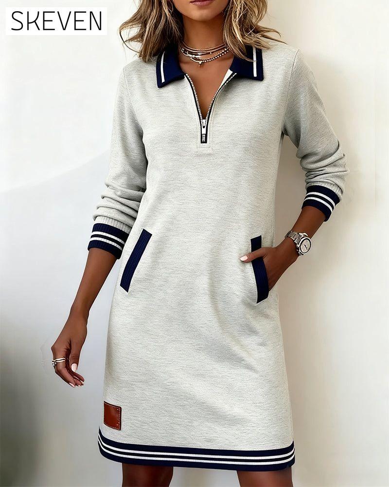 Zipper Lapel Long Sleeve Dress