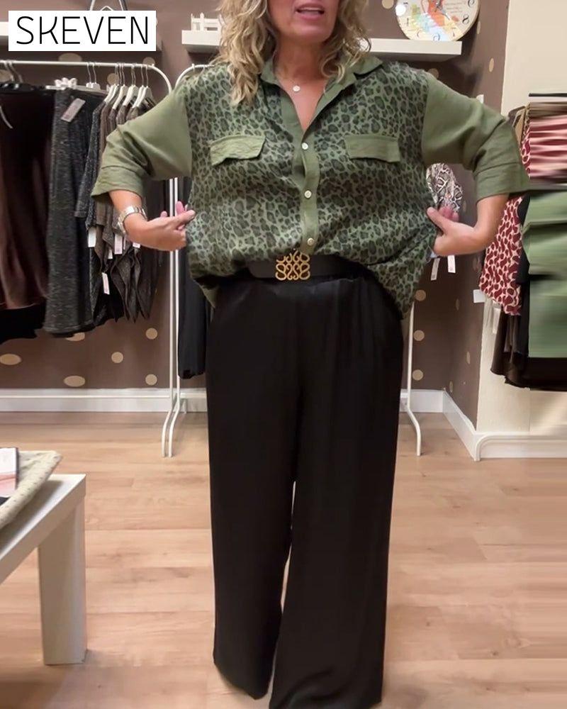 Lapel leopard print button-down casual shirt